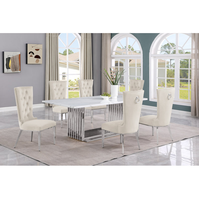 Barkhamsted Marble Top Pedestal Dining Set, Cream/Silver, 7, Silver
