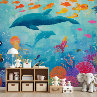 Papier peint à peler et coller, décorations sous-marines colorées, dauphins, méduse, corail, récifs muraux, H 69 po x l 96 po, papier peint amovible en PVC, adhésif mural pour chambre à coucher, bureau à domicile, chambre de bébé