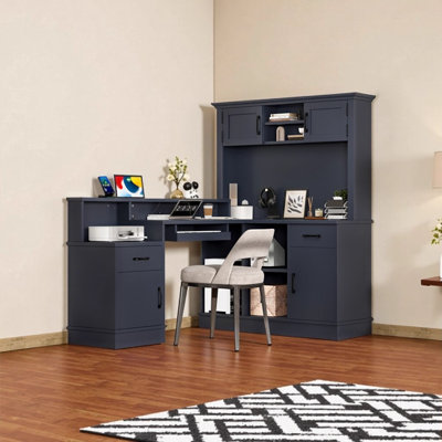 Bureau d'ordinateur en L avec prises de courant, tiroirs et bibliothèque