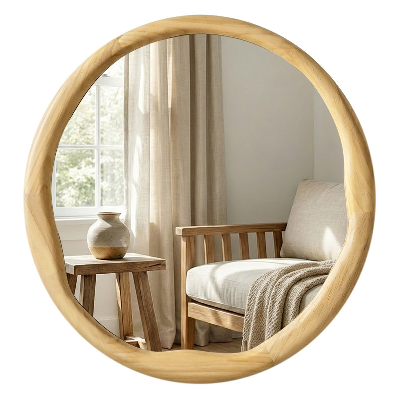 Round Solid Wood Wall Mirror, 30" x 30", Natural Wood