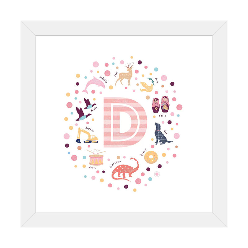 Lettre illustrée D rose - impression, Blanc, H 16 po x l 16 po x p 1 po, Papier encadré blanc