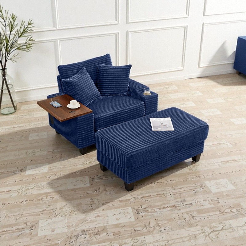 Canapé 74 po multifonctionnel avec repose-pieds Bluetooth et table USB, Bleu