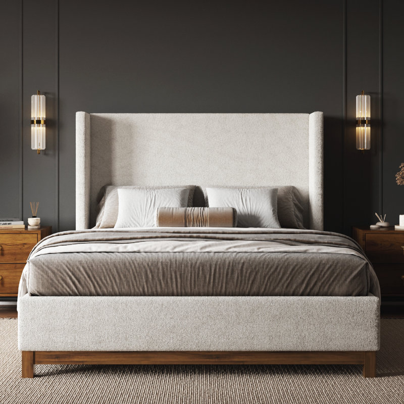 Magar Upholstered Wingback Solid Wood Bed Frame, King