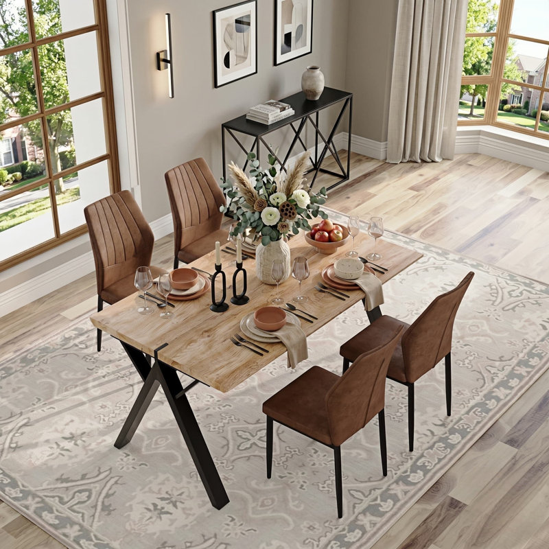 Ensemble de table de salle à manger 63 po Mid-Century, plateau en bois épais avec chaises rembourrées, sièges 4 à 6, Brun