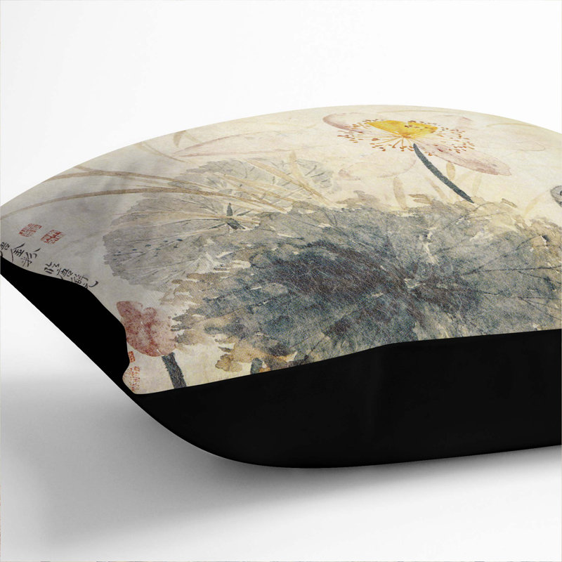 Lotus Flower by Yun Shouping Cushion with Filling, Black, 55cm H x 55cm W x 20cm D