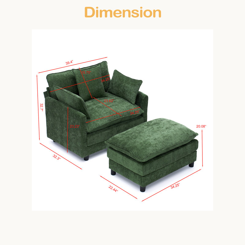 39.4" Modern Accent Chair With Ottoman, Living Room Club Chair Chenille Upholstered Armchair, Green