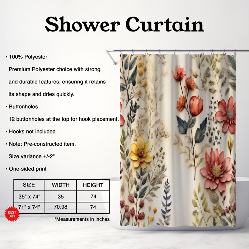 Edgy Florals - Premium Shower Curtain, 74"H x 71"W