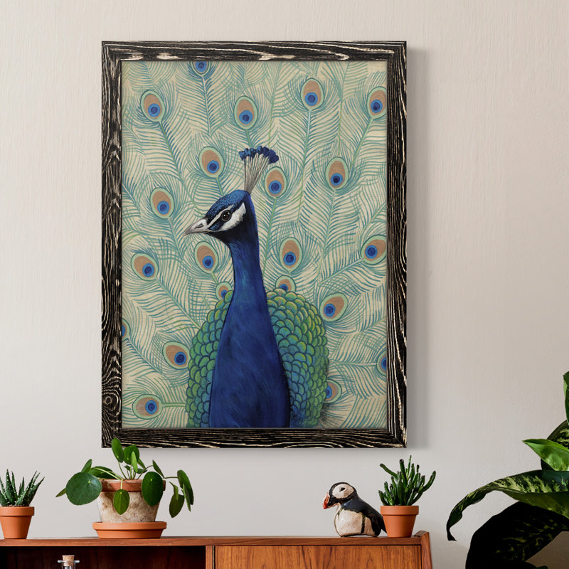 Blue Peacock II Premium encadré mat - prêt à être accroché, H 20 po x l 17 po x P 1 po, Toile avec cadre noir, Pas de tapis