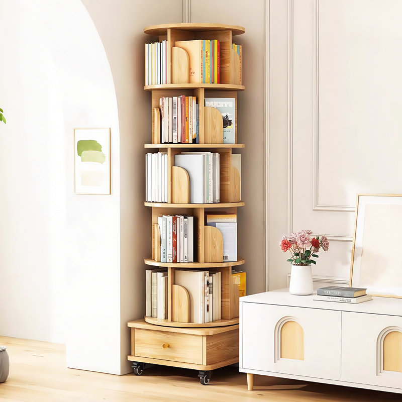 Bibliothèque rotative Space 360 avec roues et tiroir, 6 niveaux, couleur bois, roues de style contemporain, pour chambre à coucher
