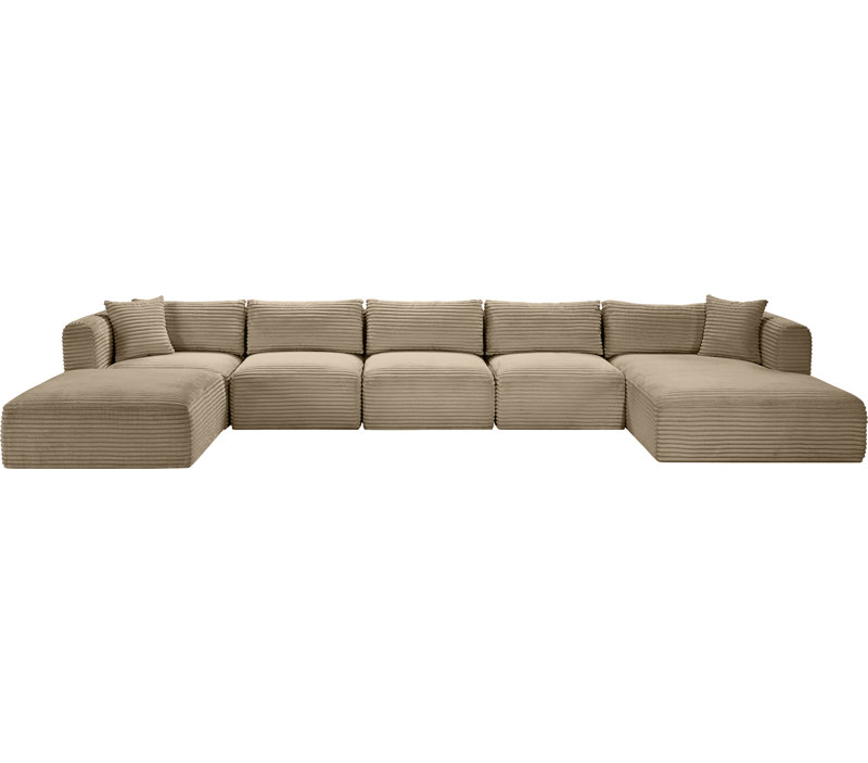 Canapé modulaire Carmean, Velours côtelé texturé taupe, 3 sans accoudoirs, 1 méridienne, 1 d'angle et 1 r