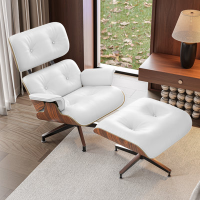 Fauteuil inclinable Mid-Century en cuir véritable avec repose-pieds en bois massif