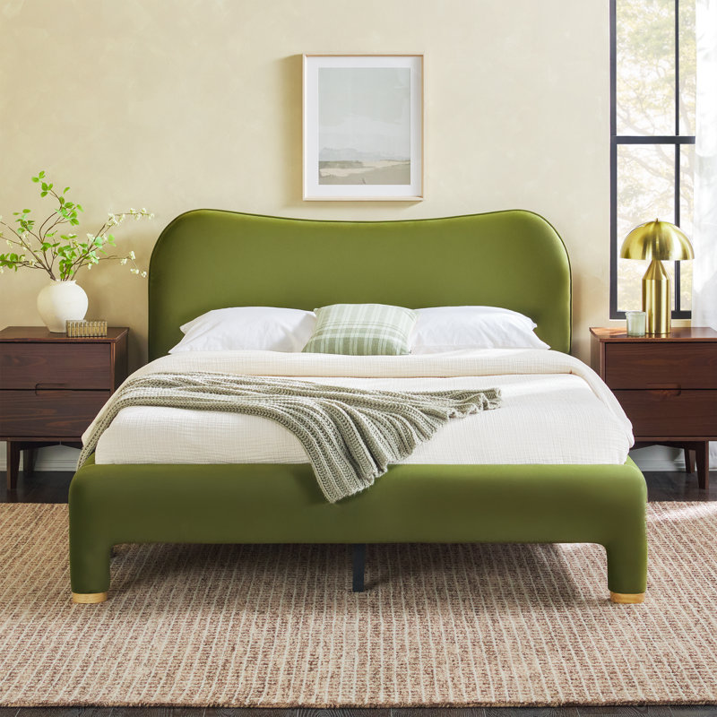Sitarski Modern Curved Upholstered Bed, Green, Queen