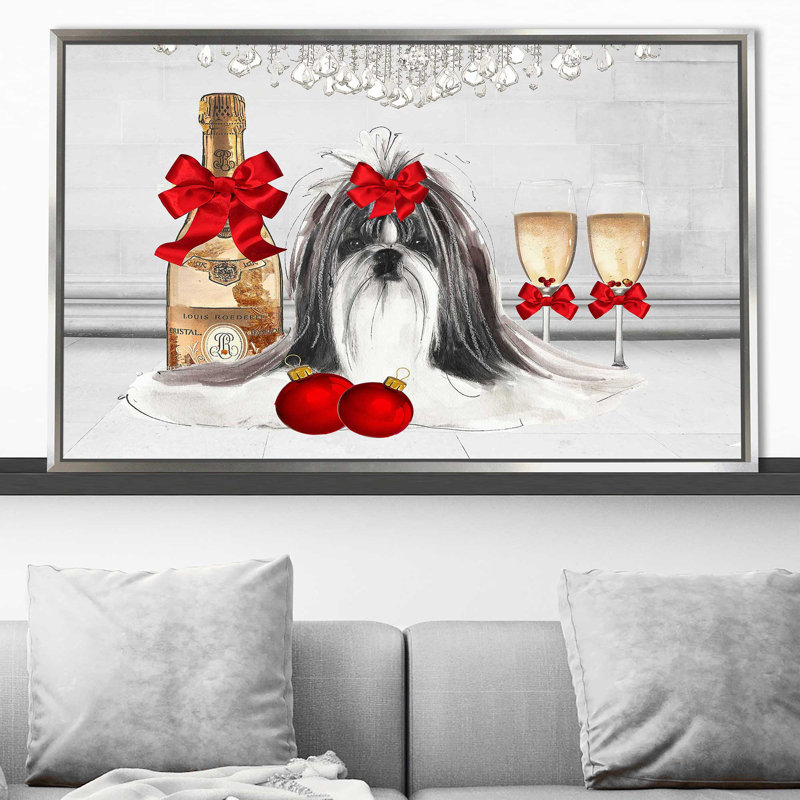 «Christmas Holiday Shih Tzu (Horizontal)» par Jodi - impression, H 21,5 po x l 33,5 po x P 2 po, Cadre flottant argent