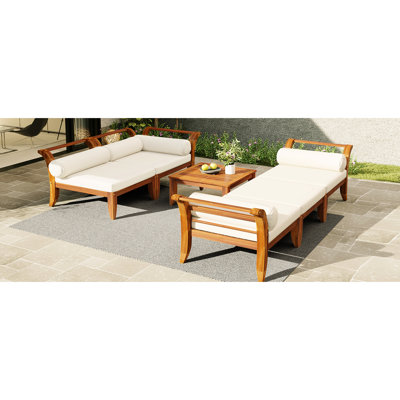 Canapé modulaire en forme de L en bois de 6 pièces avec housses de coussin amovibles, convertible en lit de jour, table à thé, pour mobilier de plein air familial en bois, fonctionnel, 5 coussins et support lombaire