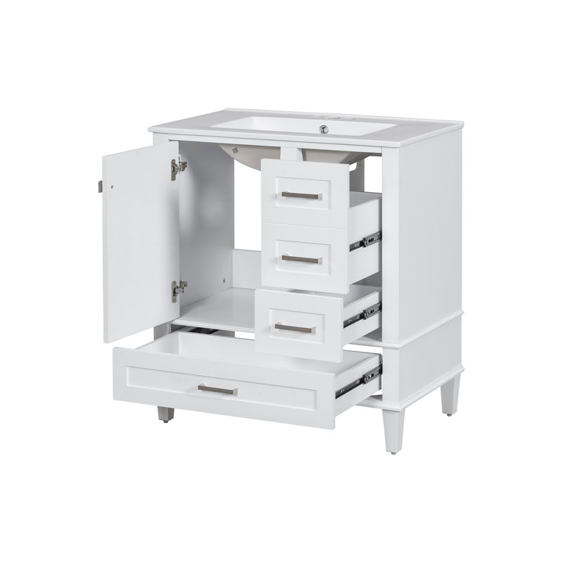 Meuble-lavabo moderne autoportant de 30 pouces avec lavabo simple en céramique intégrée, cadre en bois massif, porte à fermeture en douceur et 3 tiroirs.