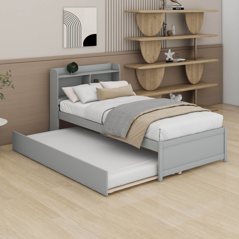 Lit simple avec lit gigogne, cadre de lit simple avec tête de lit, lit simple avec bibliothèque pour enfants, Gris