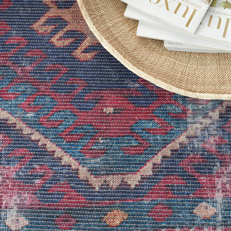 Machine Washable Southwestern Navy/Muted Red/Beige Area Rug, Rectangle 9'2" x 12"