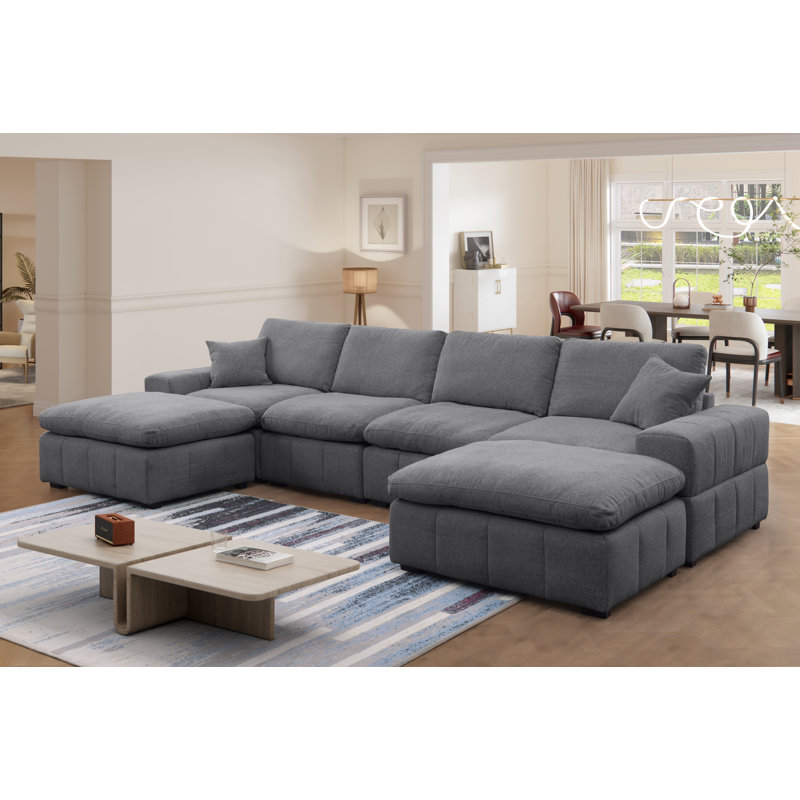 Upholstered Chenille Modular U-sectional Sofa Double Chaise, Two Oversized Ottomans, Dark Gray Chenille