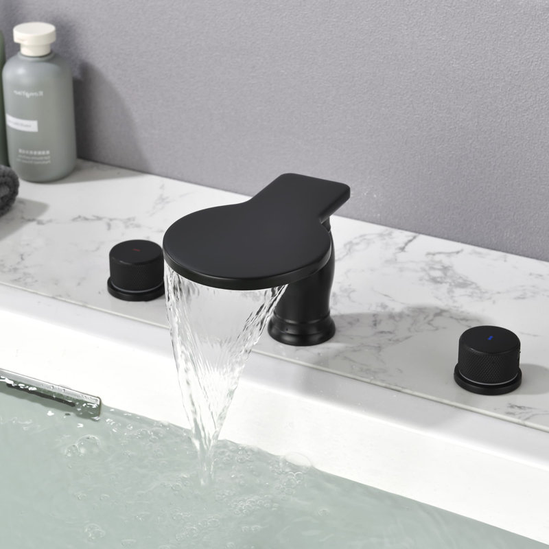 Deck Mounted Waterfall Tub Faucet 3 Hole Bathtub Faucet 2 Handle Brass Tub Filler With Valve, Matte Black