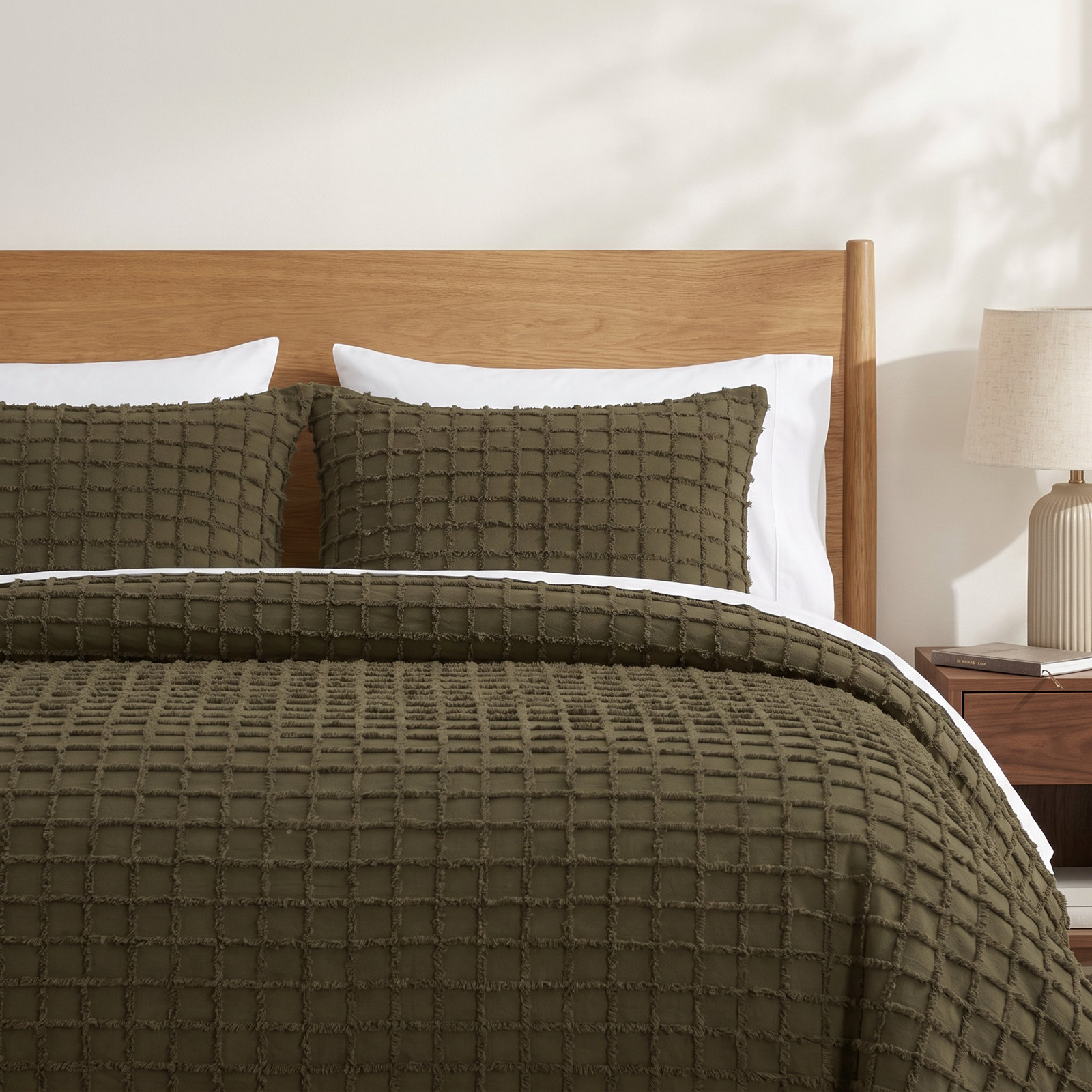Carter Cotton Duvet Cover Set, Olive, Queen Duvet Cover + 2 Shams