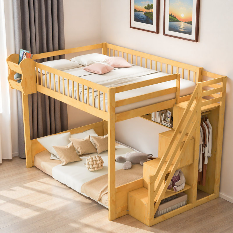 Wooden Loft Bed With Wardrobe, Overhead Shelves And Storage Shelves, Natural