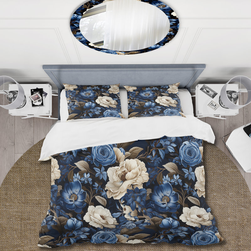 Literie à motif de roses victoriennes bleues de la Renaissance III, Housse de couette pour grand lit et 2 taies décor