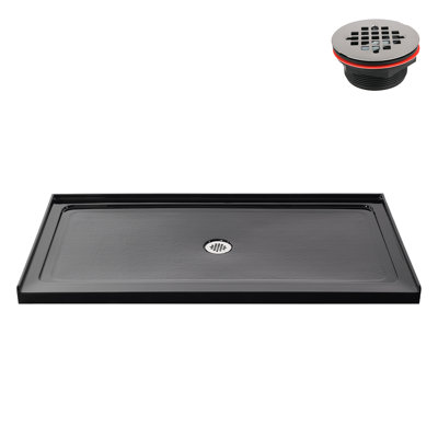 60 in. x 32 in. Alcove Acrylic Shower Base in Glossy Black With Center Drain, Drain Included