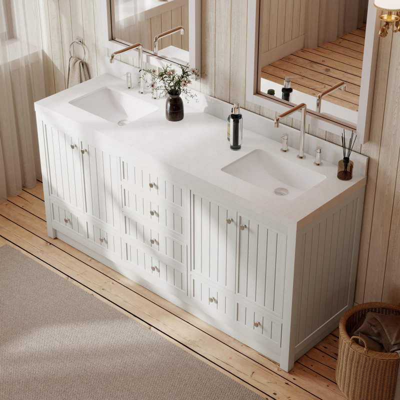 Meuble-lavabo 36 po avec comptoir en quartz blanc Thassos Aula, Blanc perle, 72"