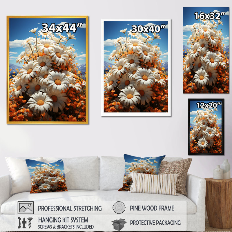 «Daisy Gardens» blanc et jaune - art mural marguerites, Cadre flottant blanc, H 20 po x l 12 po