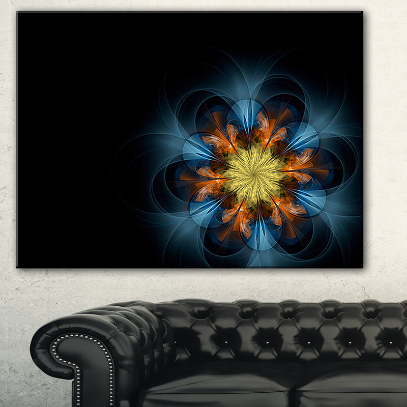 Symétrique, bleu, orange, fleur fractale, impression sur toile tendue, H 20 po x l 20 po x P 1 po