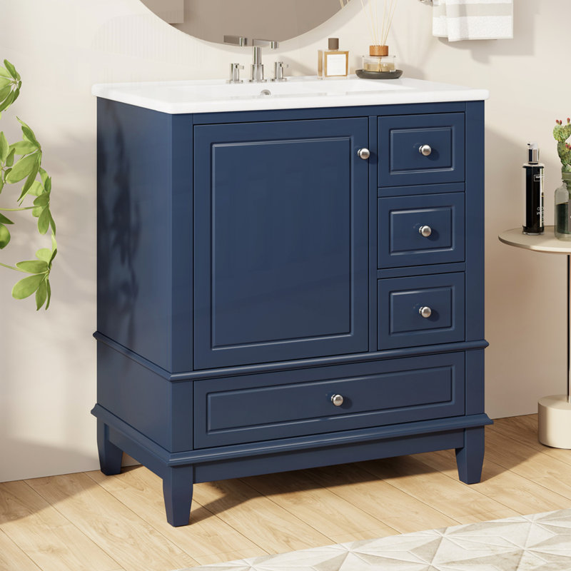 Meuble-lavabo de salle de bain avec lavabo et une porte avec tablette et trois tiroirs, Bleu