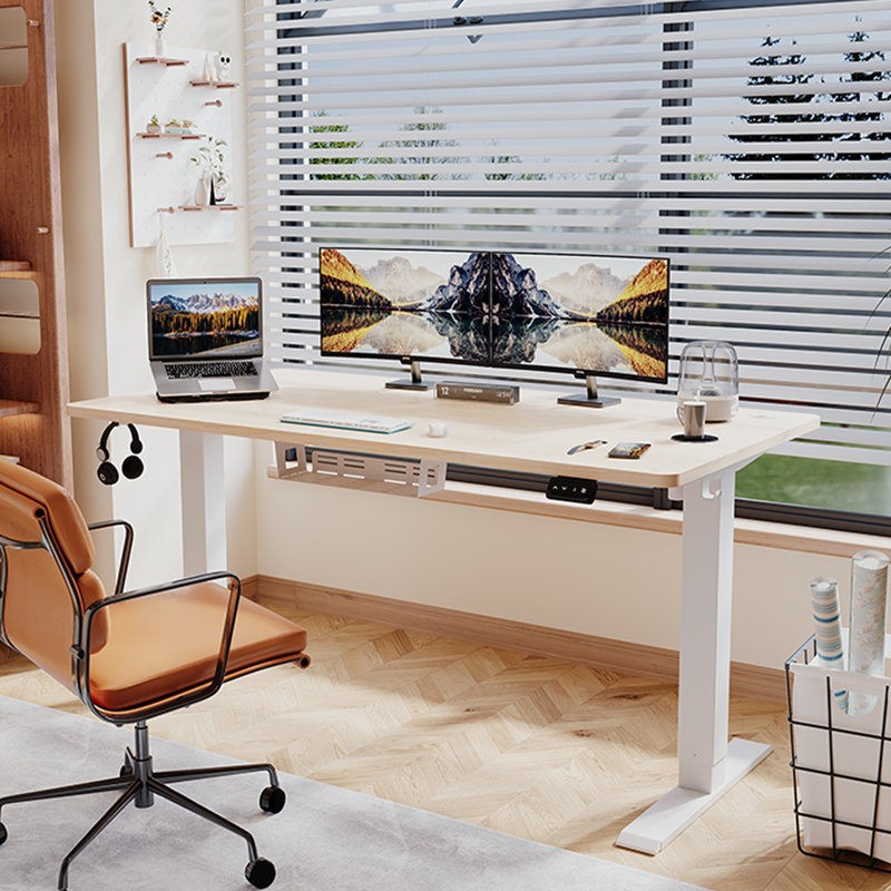 Electric T-Shape Height Adjustable Standing Desk, 160cm W x 70cm D, Beige
