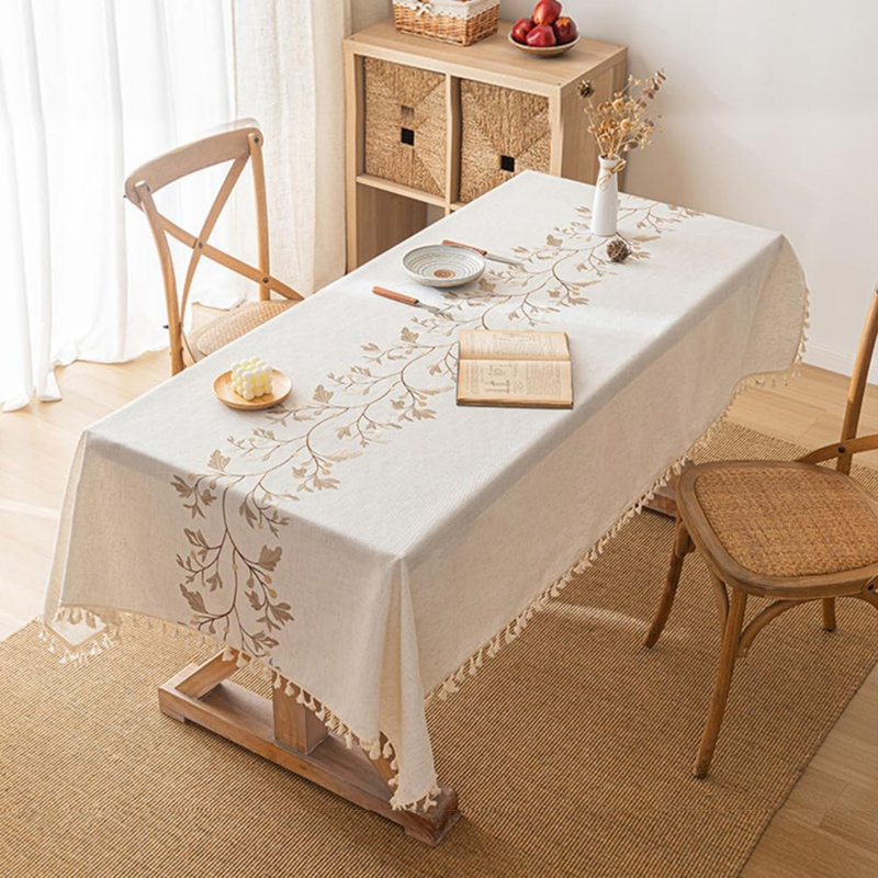 Square Table Cloth Washable Cotton Linen Tablecloth Anti-Wrinkle Tassel Design Fabric Table Cover (Beige,55 X 55 Inch)
