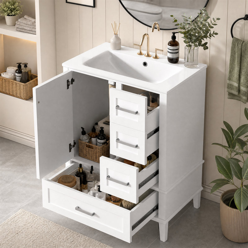 Meuble-lavabo autoportant de 30 po avec lavabo en céramique et tiroirs de rangement, blanc, Blanc, 30 po