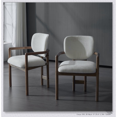 Elegant Dining Chairs Set of 2 with Upholstered Armrests, White Fabric Seating, and Durable Rubber Wood Frame, 300 LBS Weight Capacity