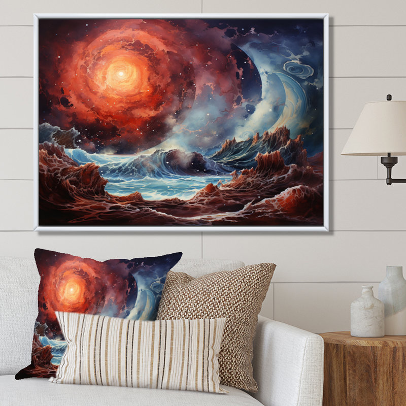 Planète Jupiter orageuse I - reproduction sur toile, Cadre flottant blanc, H 30 po x l 40 po x P 1,5 po