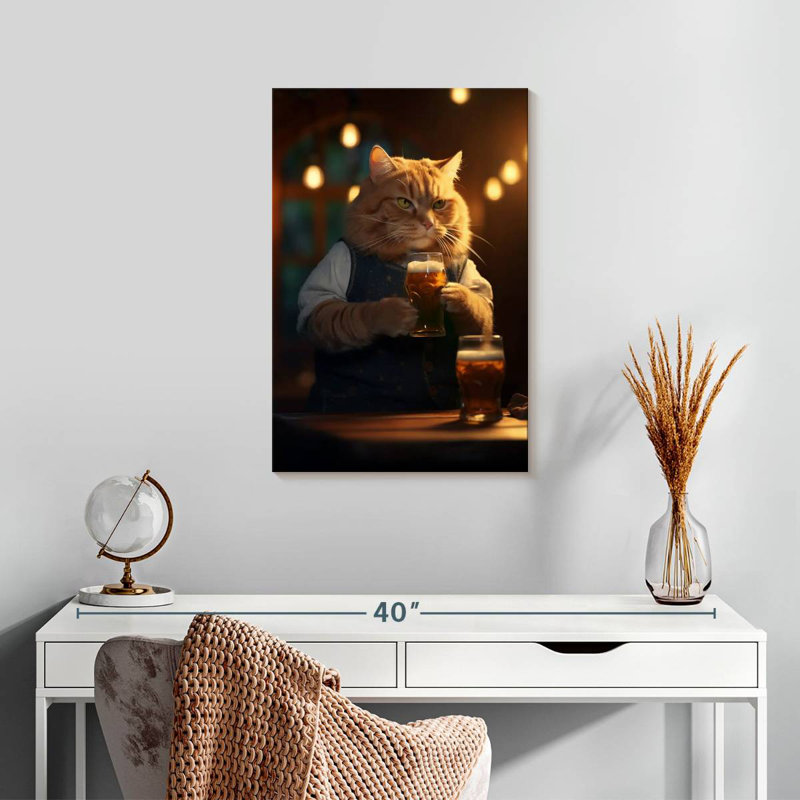 Brampt Orange Tabby Cat Drinking Beer, 24" H x 16" W