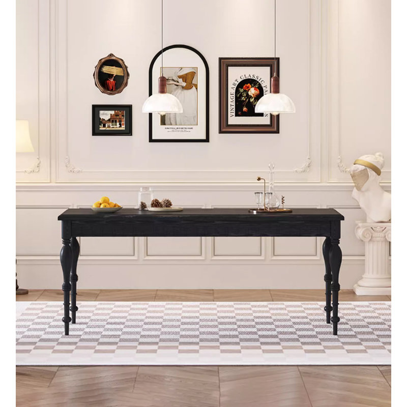 Table de salle à manger rectangulaire en bois massif de style rétro français, Black, 29.53”H x 70.87”L x 31.50”W