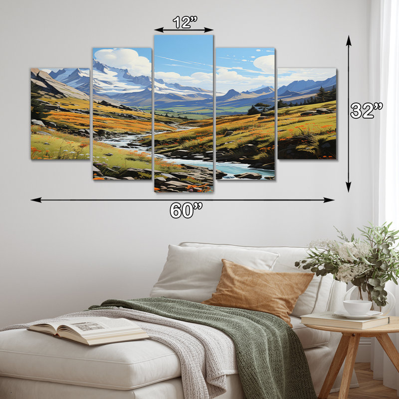Green Mountains Summer Peaks Pastoral V - Paysages, art mural, salon - 5 panneaux