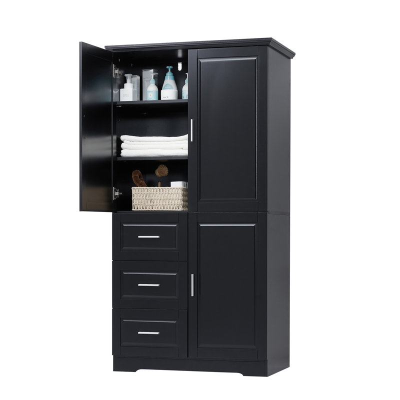 Modern 62" Tall Bathroom Storage Cabinet With 3 Drawers & Adjustable Shelves, Black