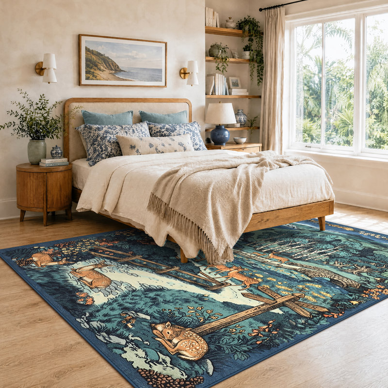 Tapis lavable rétro à motif de cerfs Woodland, Blue, 5' × 7'