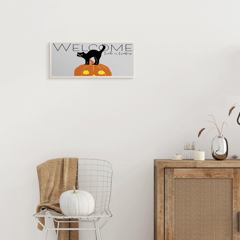 Citrouille d'Halloween chat de bienvenue, Plaque murale, H 7 po x l 17 po x P 0,5 po