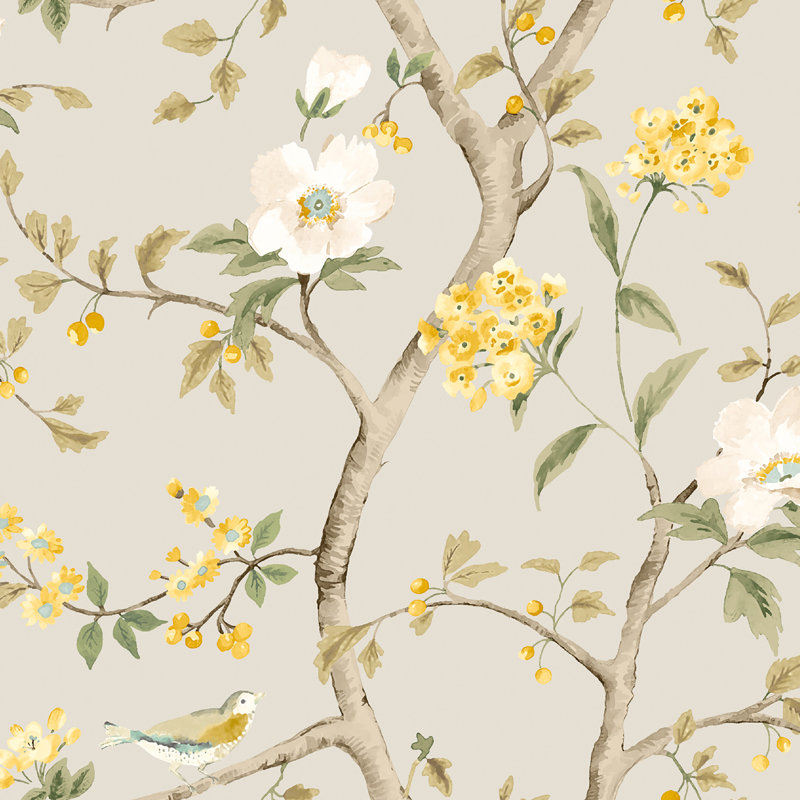 Bird Song - Silver 10m Wallpaper, Grey Floral