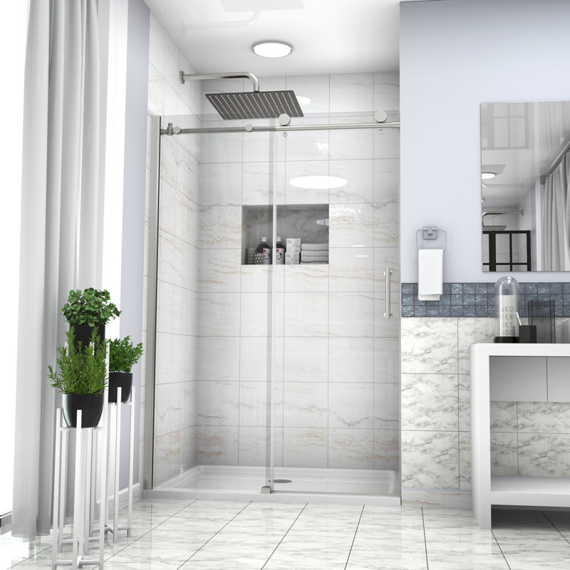 48" X 76" Shower Enclosure In . Tempered Glass Door. Stainless Steel Pull Handle For Long-Term Use. Enhances Bathroom Elegance. Professional Installation Advised W H Enclosure, Door Bathroom. With