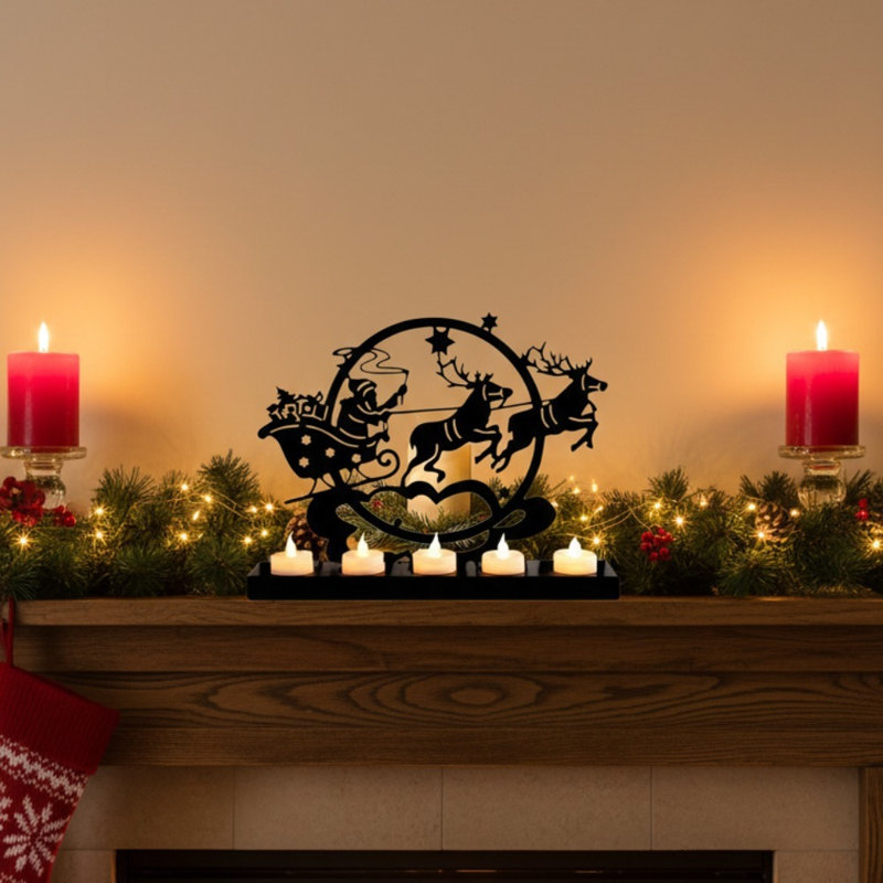 Porte-bougie de Noël en métal noir avec motif de père Noël et de renne