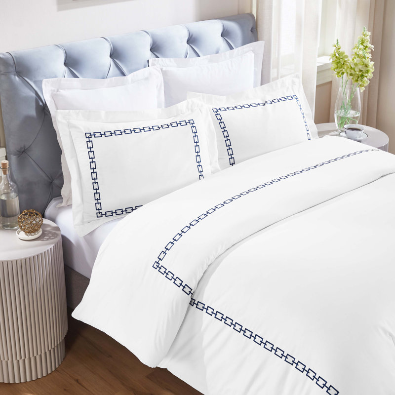 Ensemble de housse de couette brodé en coton 3 pièces Superior , Housse de couette pour grand lit + 2 taies décora