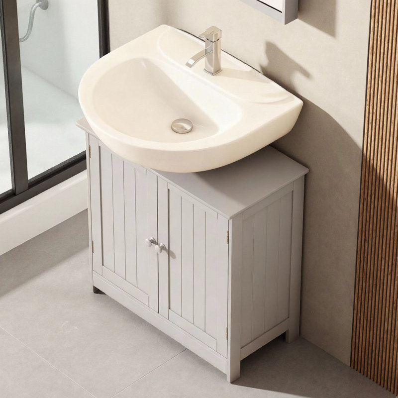 Meuble-lavabo peu encombrant gris clair avec tablette réglable pour rangement sous l'évier