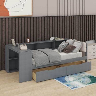Lit plateforme simple avec tablettes, tiroirs et tête de lit tapissier