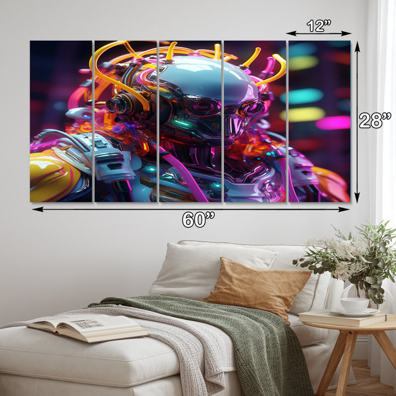 Sci-Fi Retro Futuristic Robot In Neon V - Robot Canvas Print - 5 Equal Panels
