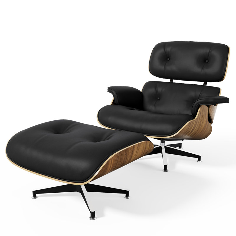 Premium Genuine Leather Top Grain Leather Lounge Chair And Ottoman Genuine Italian Leather, Walnut, Black